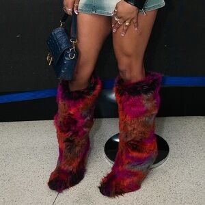 AZALEA WANG UPSETTER ORANGE MULTI FUZZY KNEE HIGH BOOT Size 10